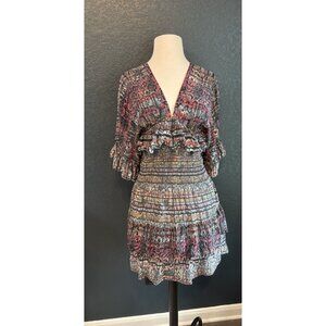 IRO 100% Silk Mini Tulsa Dress Ruffle Frills Sz 36 Printed V-neck